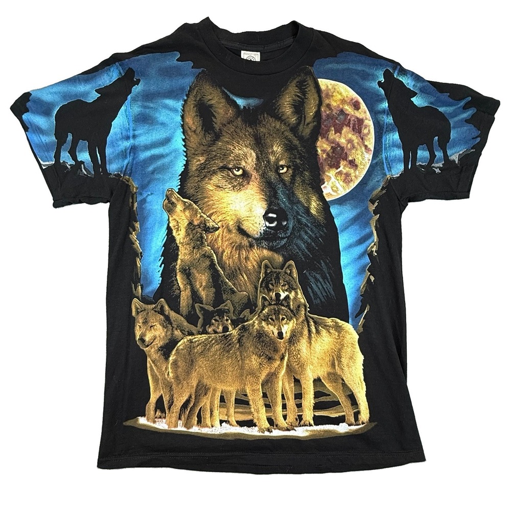 Vintage 2000 Wolf Front Print T Shirt Graphic Mens Large Delta Pro Weight Black